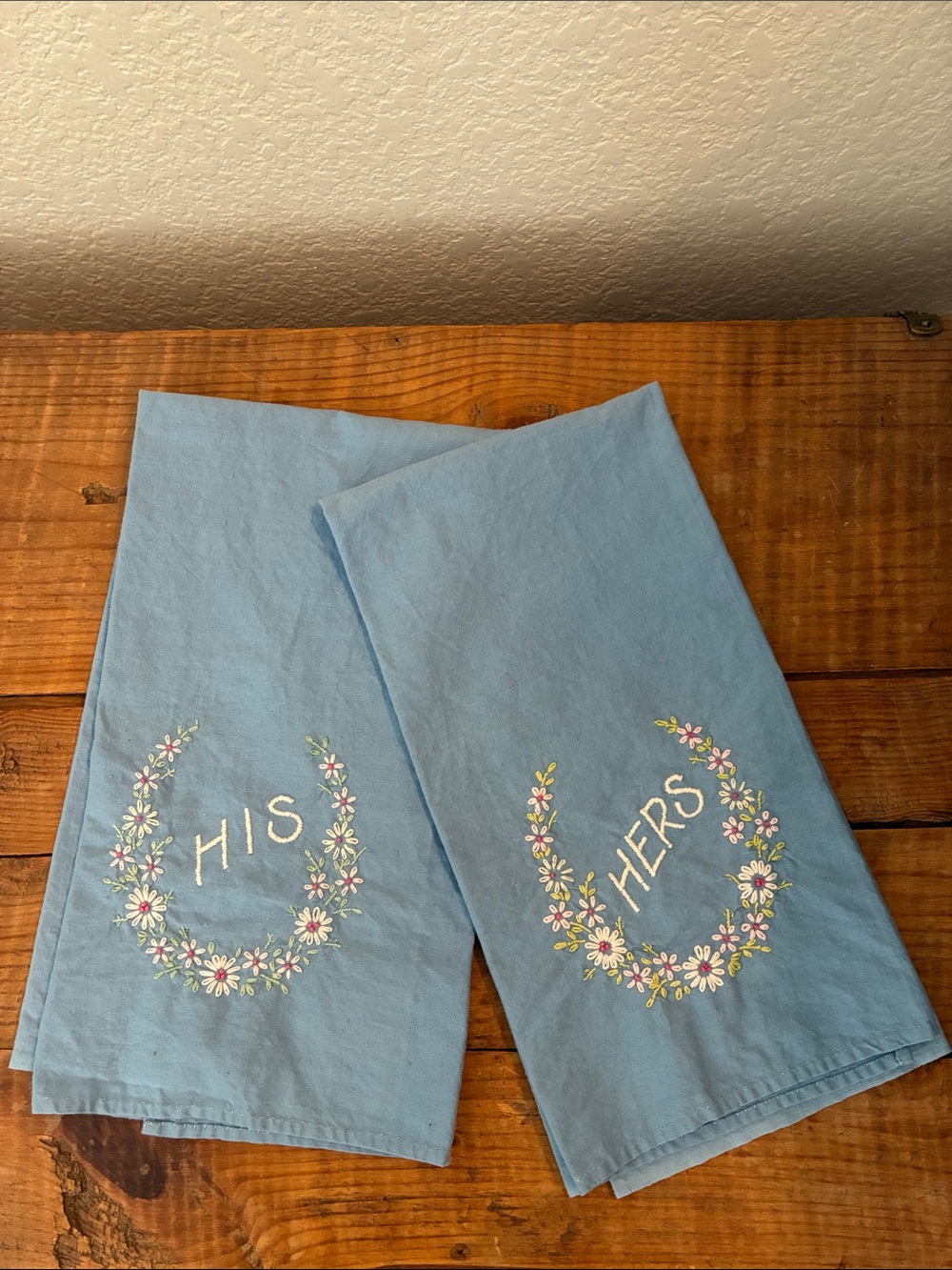 Vintage Linens Pair of His and Hers Hand Towels Blue Embroidered Floral Cottage